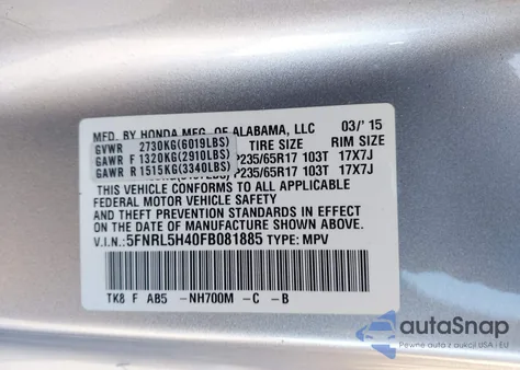 2015 Honda Odyssey Ex from USA, damaged, VIN 5FNRL5H40FB081885